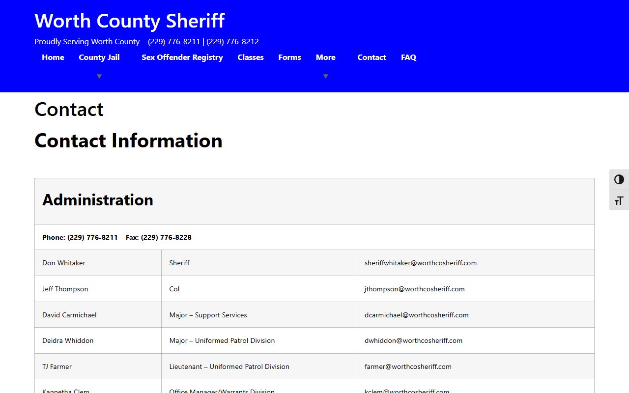 Worth County inmate records Sheriff jail operations contact page