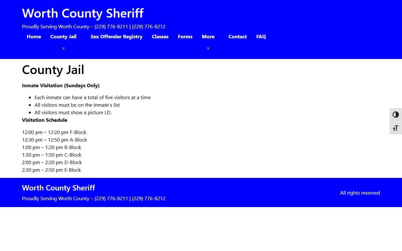 Worth County Jail visitation schedule for inmate visits