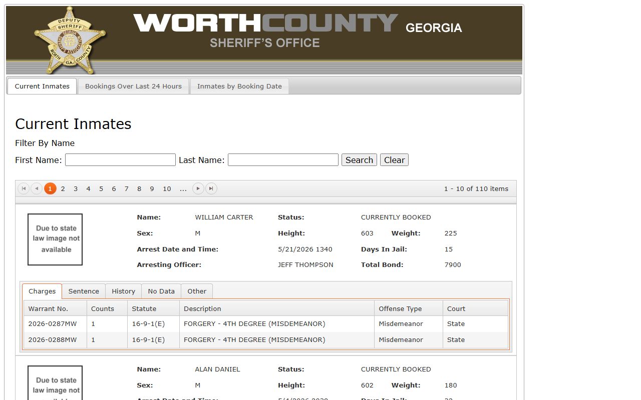 Worth County inmate records OffenderIndex jail roster search