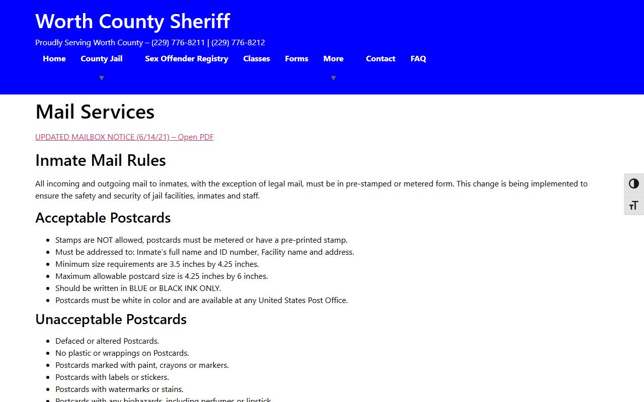 Worth County Jail inmate mail rules for postcards and SmartJailMail photos