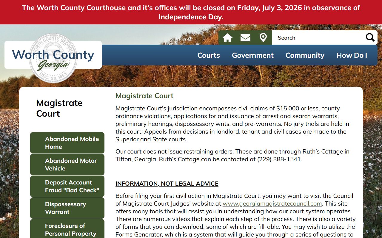 Worth County Magistrate Court page with warrant and preliminary hearing information