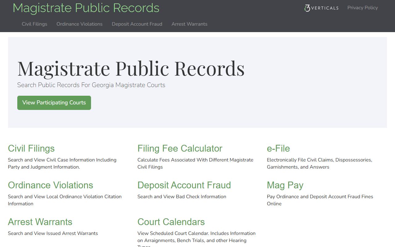 Georgia Magistrate Records portal with arrest warrant and calendar options