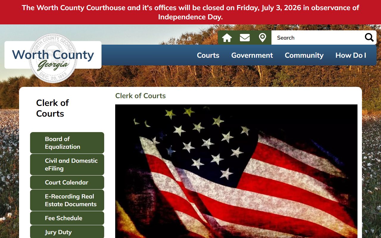 Worth County Clerk of Courts page showing criminal case and warrant record duties