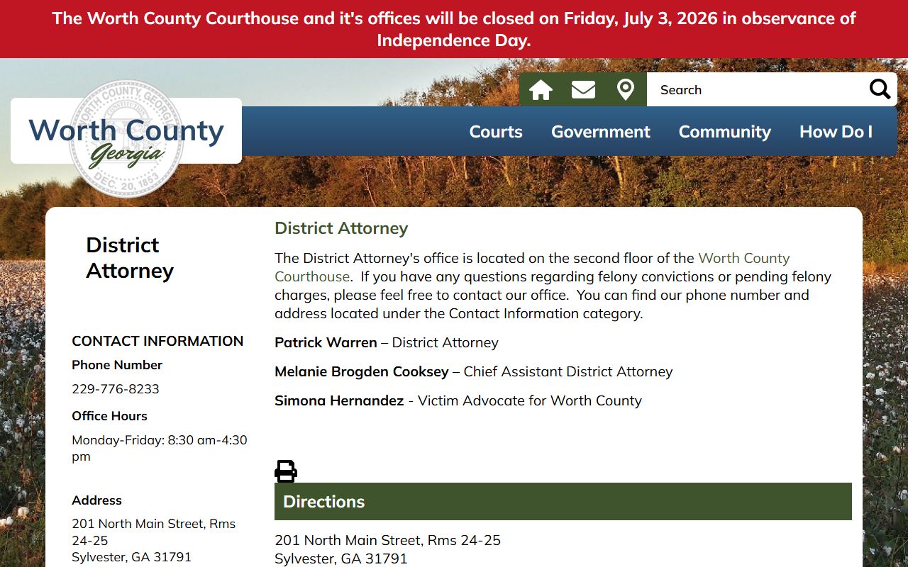 Worth County District Attorney page naming Patrick Warren and victim advocate contact